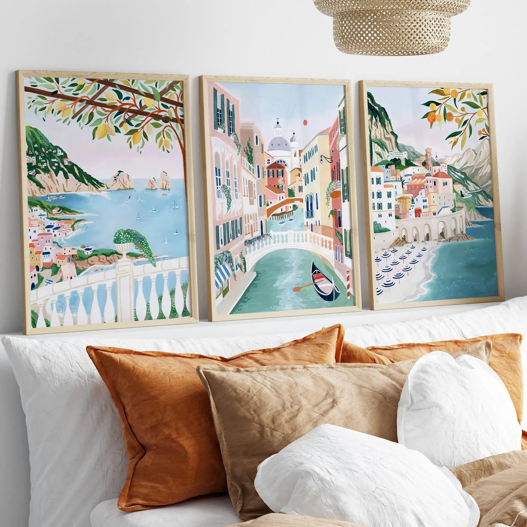 3PCS frameless decorative art print,Italian Coastal Town Canvas Prints, Amalfi & Venice Watercolor Wall Art, Mediterranean Lemon