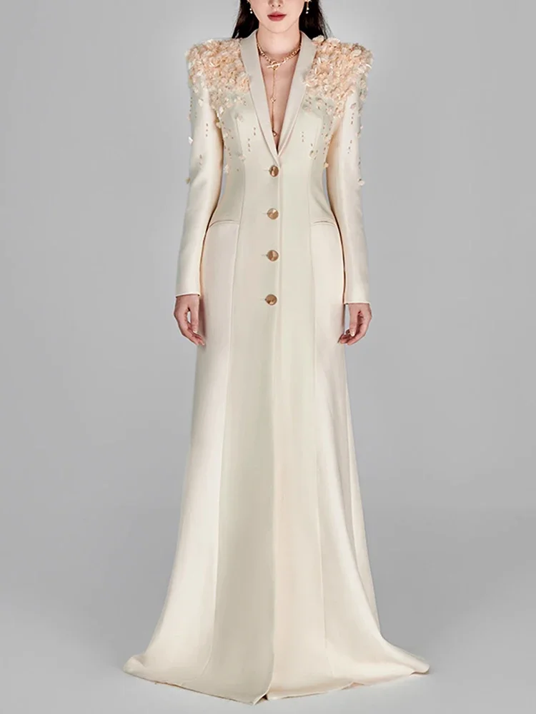 

Women's Long Sleeve Evening Dress with Floral Embellished Shoulders, Button Front & Maxi Silhouette - Elegant Formal Party Gown