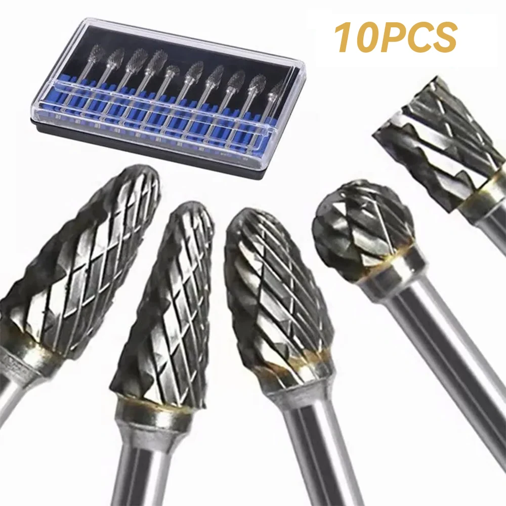 KATWAY 10pcs Tungsten Steel Carbide Burr Set Double Cut Rotary File Milling Cutter Heads for Woodworking Grinding HH-AA53