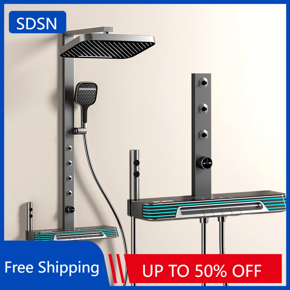 

Spa Waist Spray Digital Bathroom Shower Set with Ambient Lighting Thermostatic Digital Shower System 12 Inch Rain Shower Head