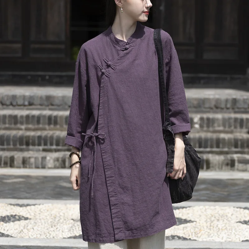 

New Cotton-Linen Blend Long Robe Top for Women Autumn Washable Button-Front Vintage Chinese-Style Robe Women's Zen Tea Attire