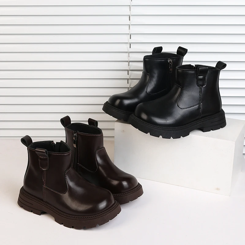 2026 NEW Leather Boots for Boys and Girls, Soft Sweater Lining, Inner Side Zipper, Thick Non-Slip Sole, Casual Boots