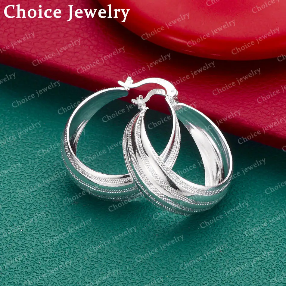 1Pair Elegant 925 Silver 25MM Circle Earrings for Women's Special Stripe Design Hoop Earrings Street Versatile Jewelry