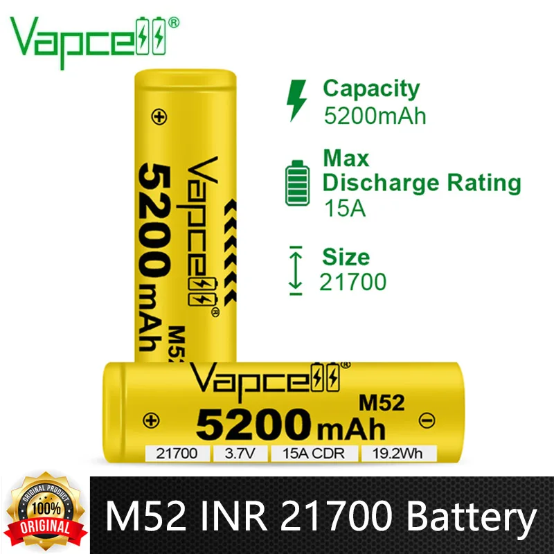 

Оригинальный аккумулятор Vapcell M52 INR 21700 5200 мАч CDR 15A 3,7 в, литиевые батареи высокой емкости 21700 для игрушек, БПЛА с дистанционным управлением