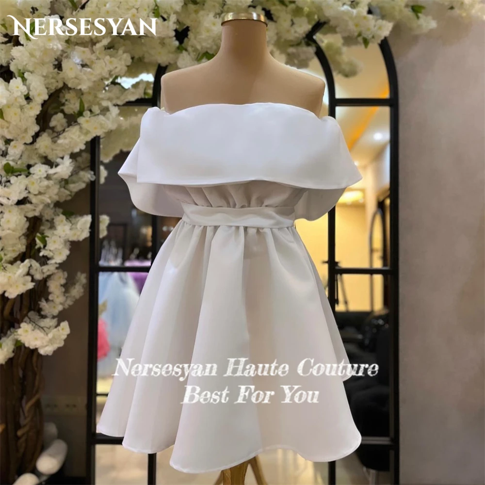 Nersesyan Simple Solid Wedding Dresses A-Line Off Shoulder Backless Sleeveless Bridal Gowns Draped Mini Satin Bride Dress 2024