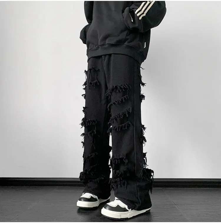 

2024 Spring Autumn Men New Fashion Raw Edge Loose Trousers Men's Long Straight Denim Pants Male High Street Loose Jeans F169