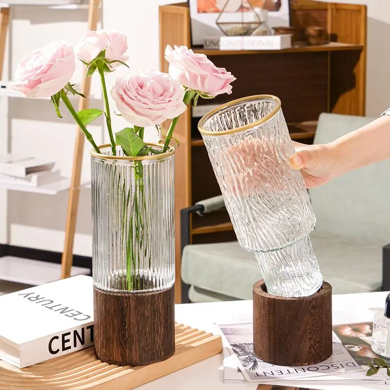 Transparent Glass Vase with Wood Base Water-grown Flower Arrangement, Creative Nordic Home Decor, Living Room, Dining Table, 1PC