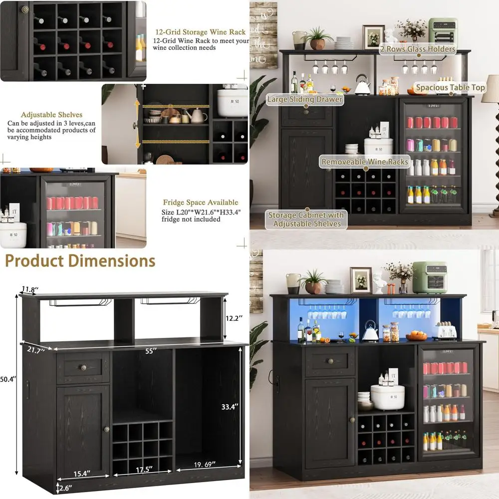 

Large 55 Wine Bar Cabinet with Mini Ridge, LED-lit Liquor Coffee Storage, Kitchen Buffet Hutch, Ridge Cabinet with Wine Rack & G