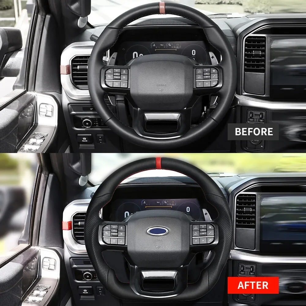 Full Leather Steering Wheel Flat Bottom With Heated Red Leather Top Stripe Fit For Ford F150 2021-2024 No Paddle Hole Car Accessories