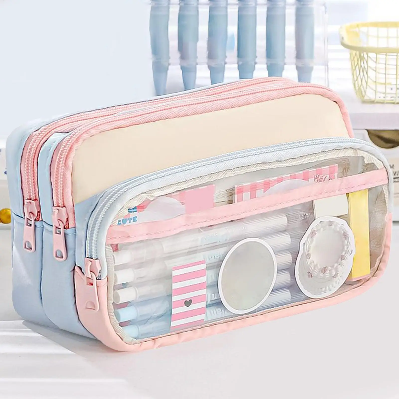 3- طبقة سعة كبيرة قلم رصاص الحقيبة قماش القلم حقيبة التخزين مع 3 مقصورات القرطاسية المدرسية كيس التخزين للفتيات