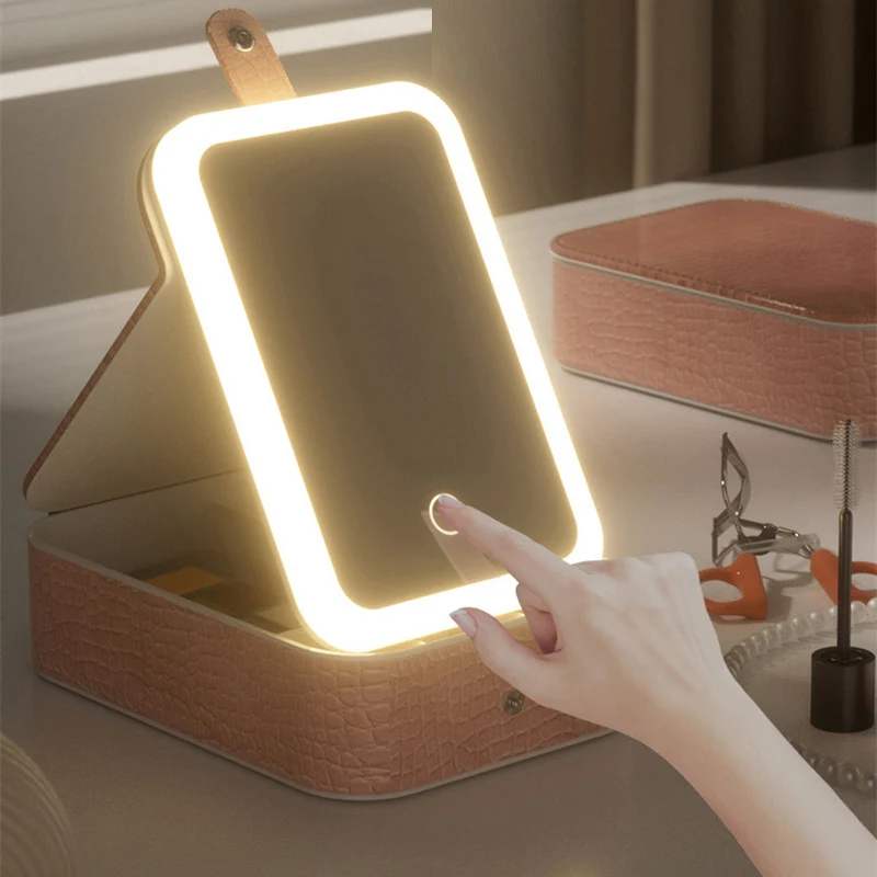 Caja de almacenaje para maquillaje con espejo de luz Led, brochas de maquillaje portátiles, caja de almacenamiento de herramientas de belleza, organizador de almacenamiento con luz táctil para mujer