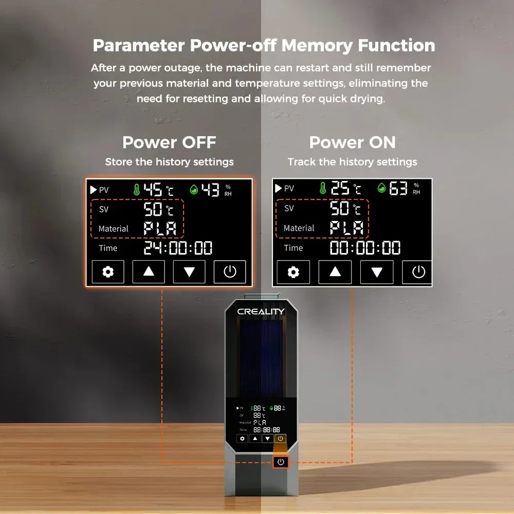 Caixa secadora de filamentos Creality Space Pi mantendo o armazenamento seco do filamento de 1KG 360 °   Aquecimento de ar quente 0-48h Temperatura ajustável 45 ℃ -70 ℃