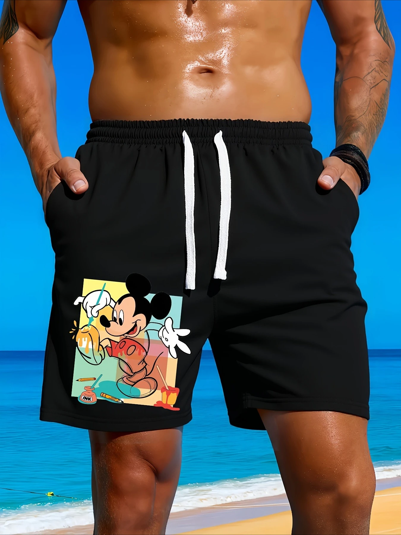 Pantalones de playa de la serie Mickey, pantalones informales para exteriores para hombre, ropa familiar holgada, pantalones cortos diarios para surf y natación de talla grande