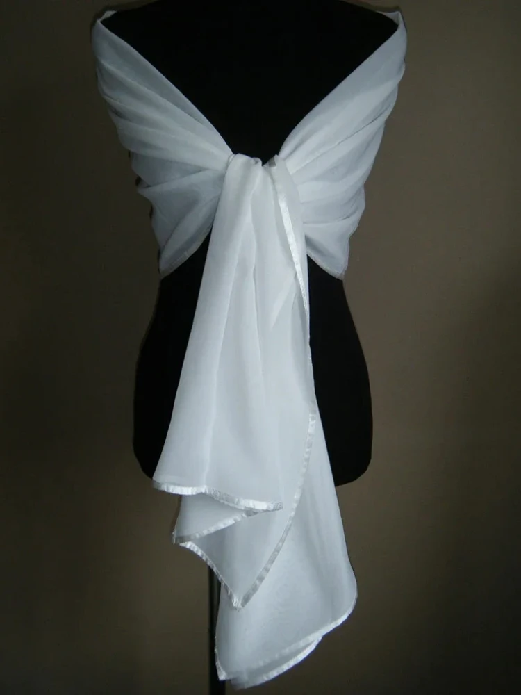 Giacca da sposa in Chiffon bianco/avorio avvolgere scialle da sposa bordo in raso Wrap stola Bolero Pashmina Tippe sciarpa Shrug