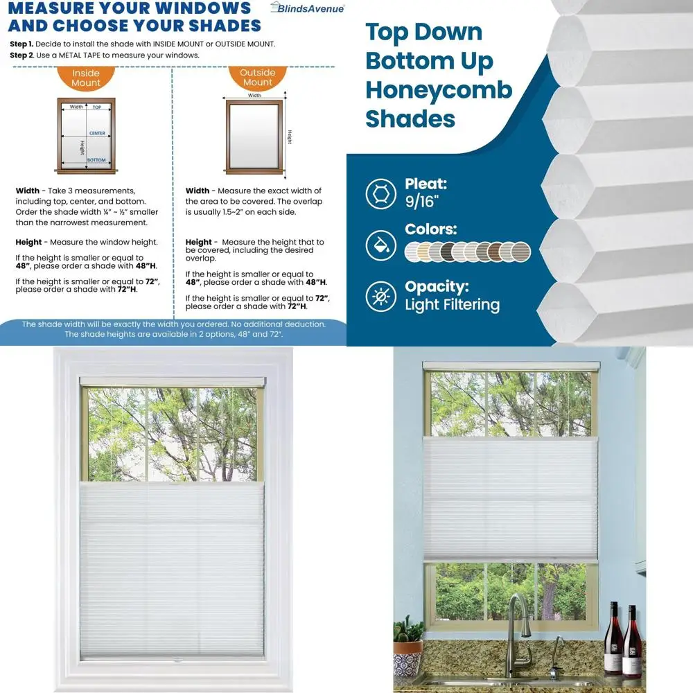 

Cordless Honeycomb Cellular Shade, 9/16 Cell, Light Filtering, Cotton White, 34.5x48