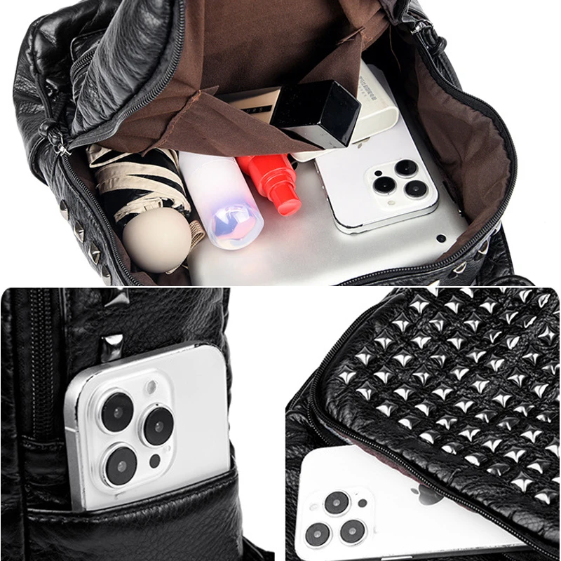 SHELKSBAG الشرير القوطية بولي Leather الجلود المسامير سعة كبيرة حقيبة الظهر السوداء المرأة أنيقة حقيبة السفر العصرية فتاة حقيبة مدرسية فاخرة #3