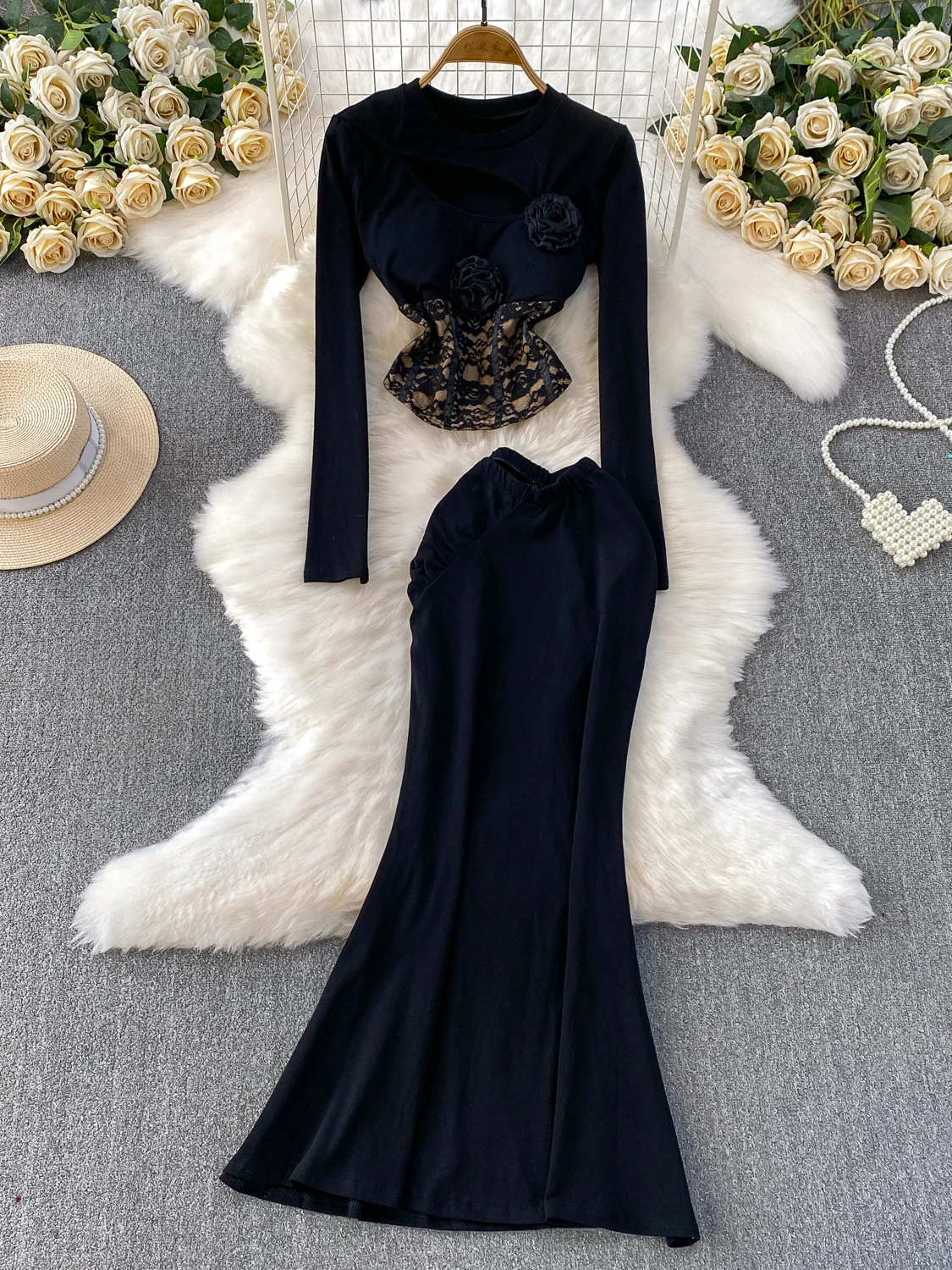 

Ele Fi Tail Long Dr Set with T-irt Lace Pad Hollow out Square Collar Splice Design Sexy Lady Sle Casual Wear for...