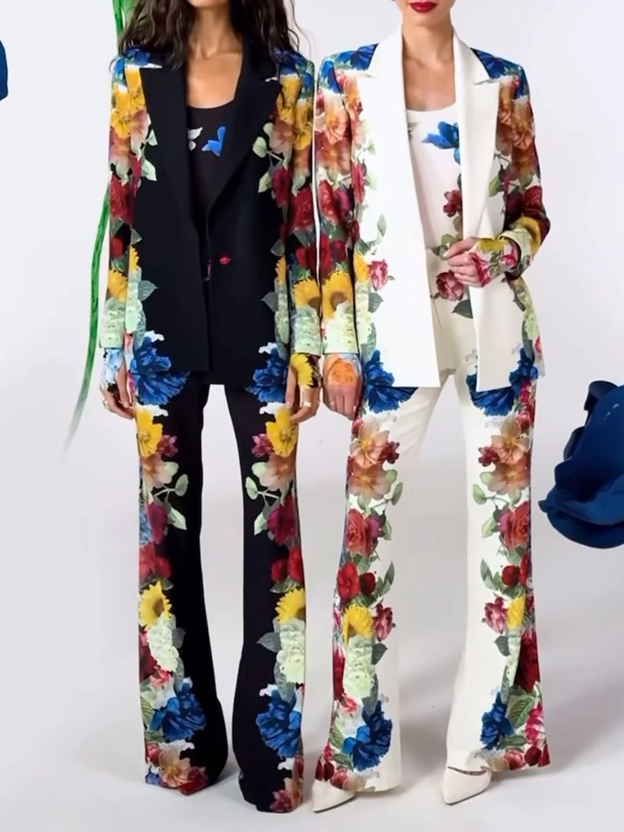 VGH Formale Druck Zwei Stück Set für Frauen Revers Langarm Verstärktes Chic Botton Blazer Hohe Taille Hose Anzug Weibliche Kleidung