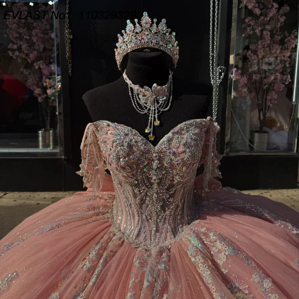 فساتين Quinceanera باللون الوردي من FURSTENBERG مكشوفة الأكتاف من الدانتيل اللامع مطرز بالخرز من Vestidos De 15 Anos لحفلات أعياد الميلاد والأميرة حسب الطلب #2