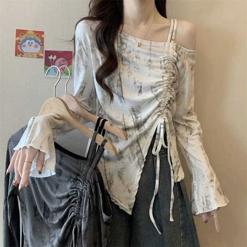 Stylish Off Shoulder Waist T-shirt Spring Autumn Tie Dye Irregular Women's Clothing Elegant Slash Neck Aura Drawstring Pullovers