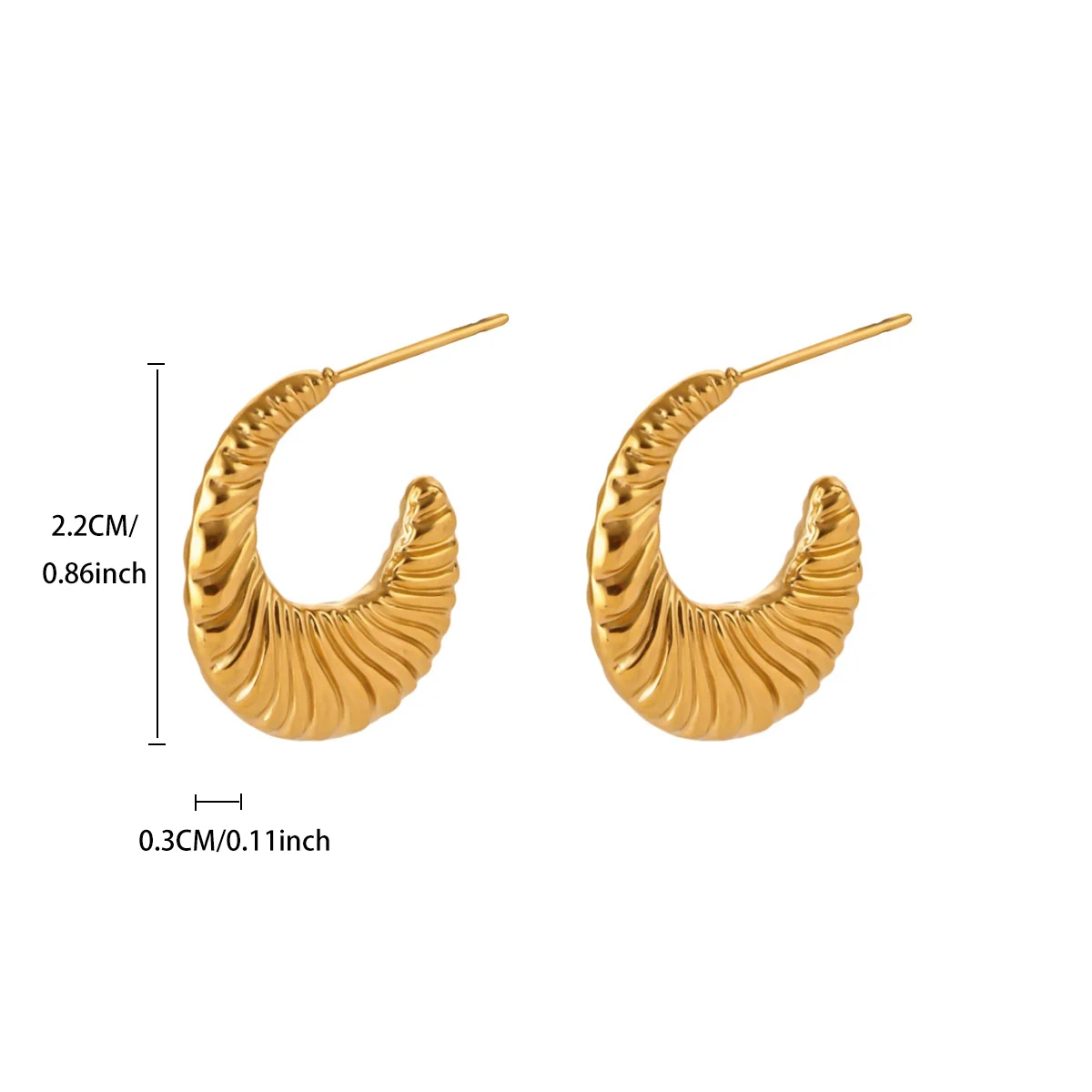 Vintage Goldfarbene Edelstahl-Creolen, gehämmerte geometrische quadratische plissierte klobige Croissant-Ohrringe, Damenschmuck – Detail 12