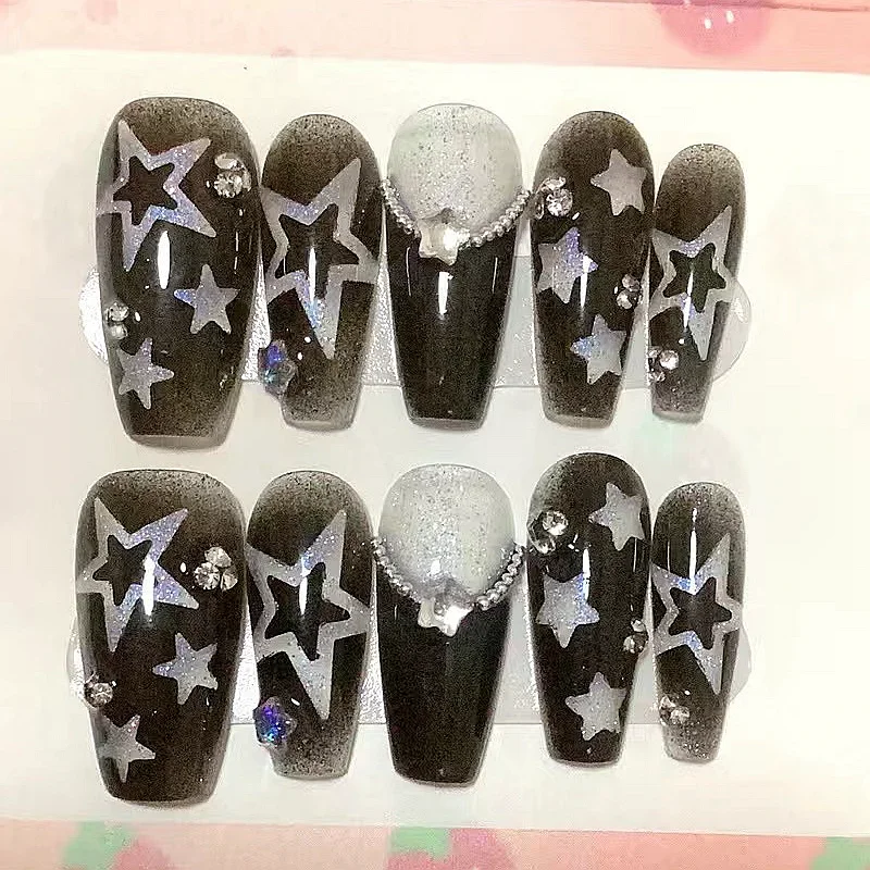 

Handmade Shine Stars Y2K Press On Nails Glitter Rhinestone Fake Nail With Glue Reusable Short Coffin Stiletto False Nails Tips