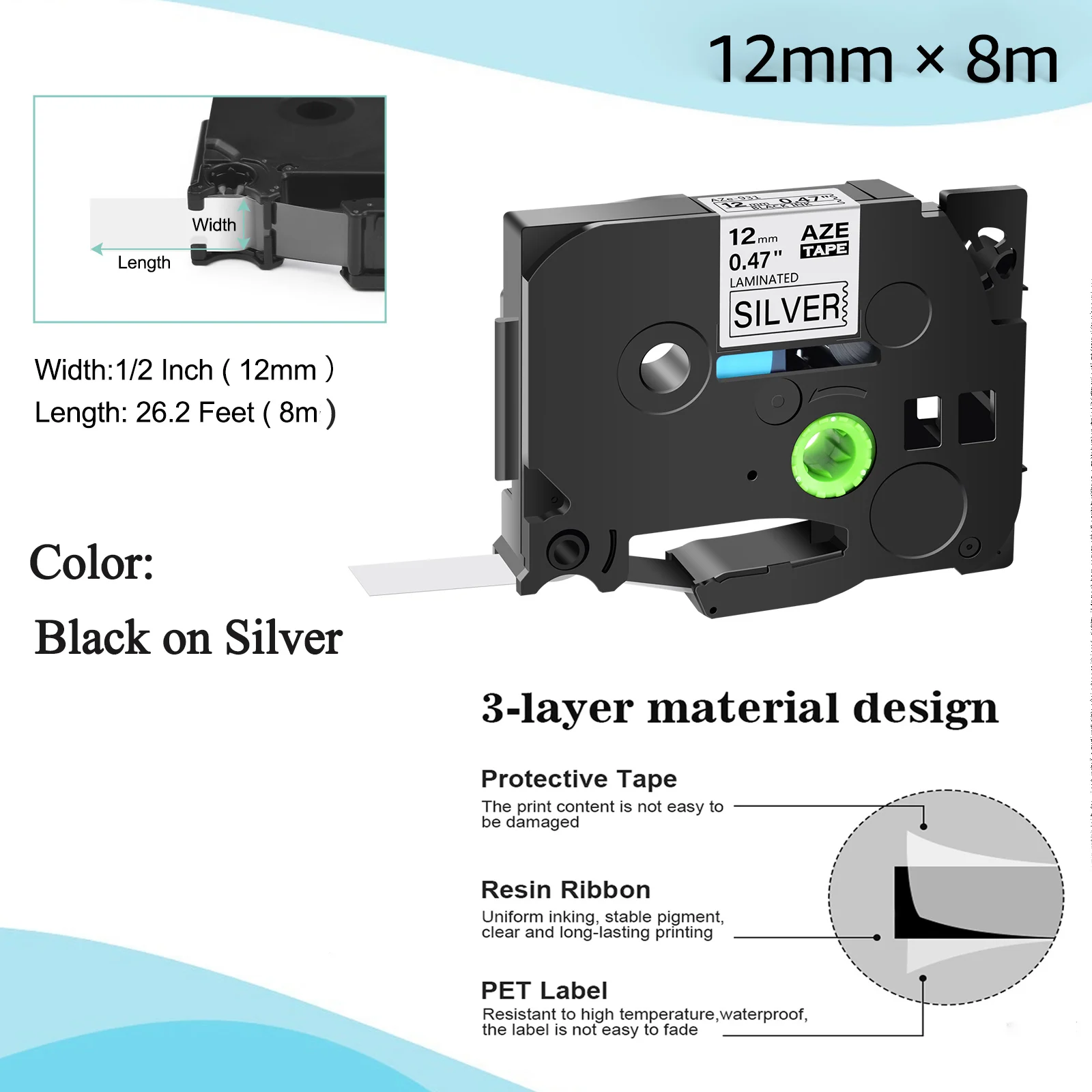 5PK Label Tape Laminated Black on Silver Compatible Brother TZe-931 12mm Label Cartridge Cassette for P-Touch PT-1000 PT-H101C