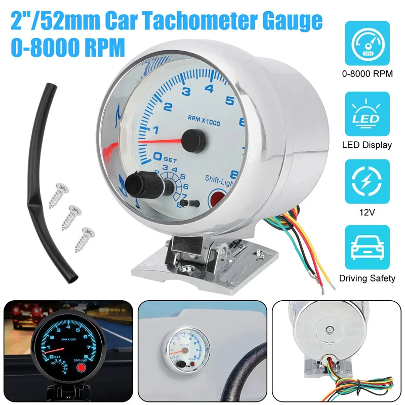 

3.75'' Car Universal Silver Tachometer Gauge Blue Inter Shift Light 0-8000 RPM Tachometer Gauge Measurement Range Is 0~8000RPM