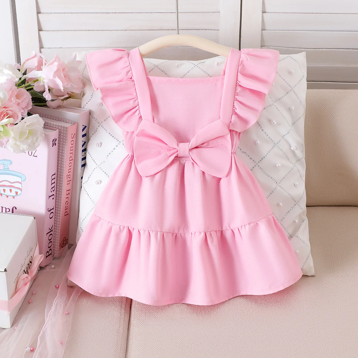 Summer Girls Vest Dress Pink Big Bow Flutter Sleeve Sweet Sleeveless Dress Kids Clothing for 6M-3Y