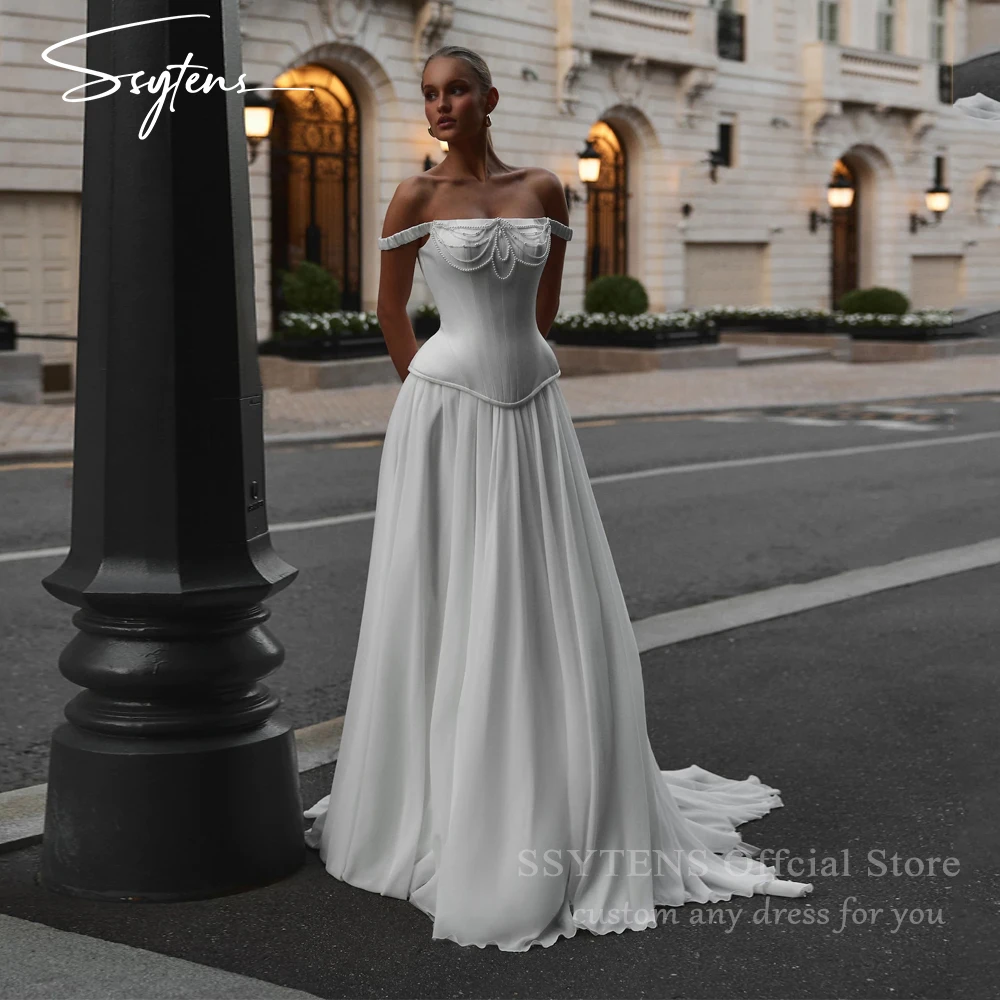 SSYTENS Charming Princess Wedding Dresses for Women Pearls Strapless Chiffon Bridal Gown for Brides Robe De Mariee Customized