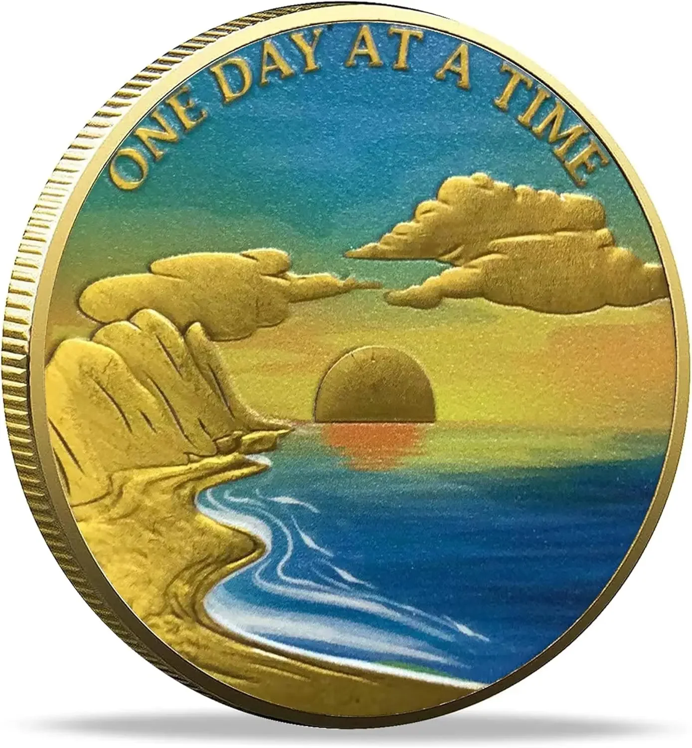 Serene Beach Sunrise Sobriety Chip ONE Day at A TIME AA Medallion Serenity Prayer Coin Recovery Gift (Single Coin)