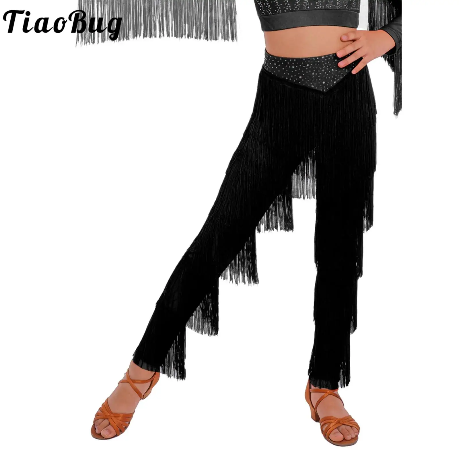 Pantalones de Baile Latino con Flecos para Niñas, Cintura Elástica, Pantalones con Volantes para Tango, Rumba, Cha-Cha, Salsa, Jazz
