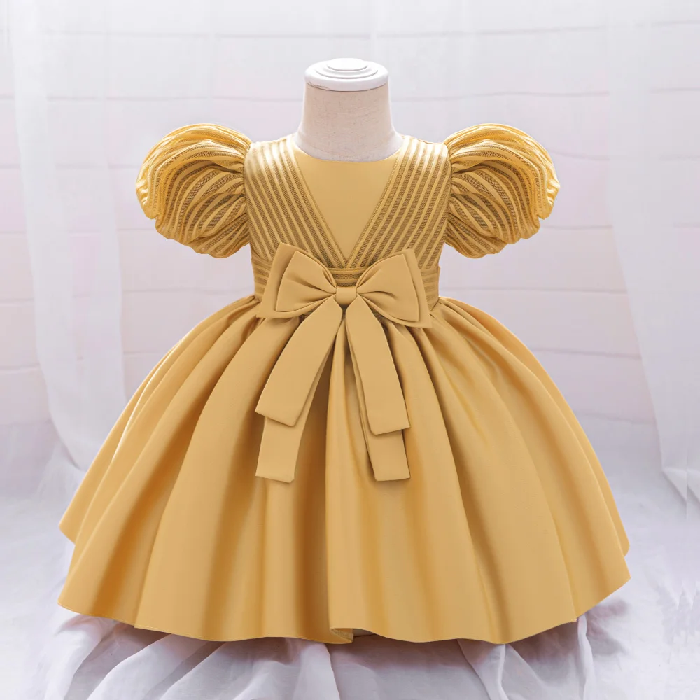 Bow Baby Summer Dress For Girls Toddler Birthday Princess Gown Puff Sleeve Baby Girl Wedding Party Dresses Newborn Clothes 0-3Y