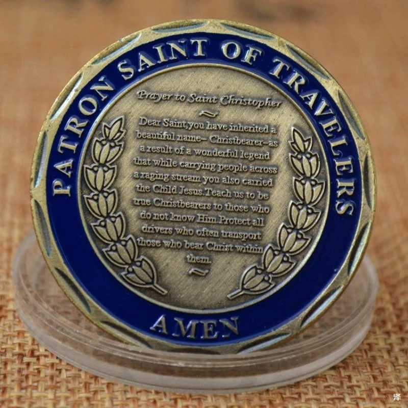 1 - شارة معدنية قابلة للجمع من سانت كريستوفر |   تصميم منقوش بالمينا الملونة |   شارة تذكارية دينية لهواة الجمع