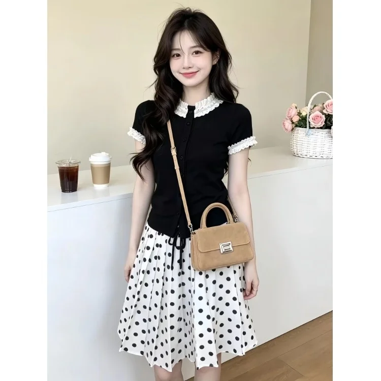 

Unique Beautiful Summer Short Sleeve T-Shirt And Polka Dot Skirt Set Women's Preppy Style Wood Grain Two Piece Suit