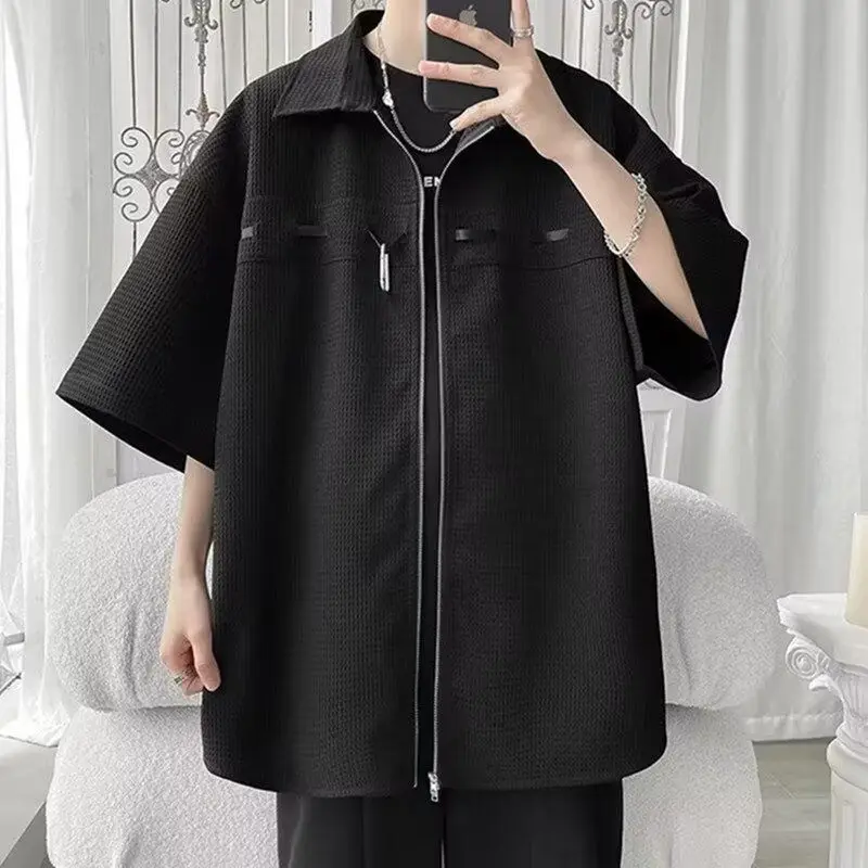 

Waffle Knit Shirt Men Zip Front Black Y2k Streetwear Baggy Casual Urban Ins Fashion Short Sleeve Shirts for Men 401