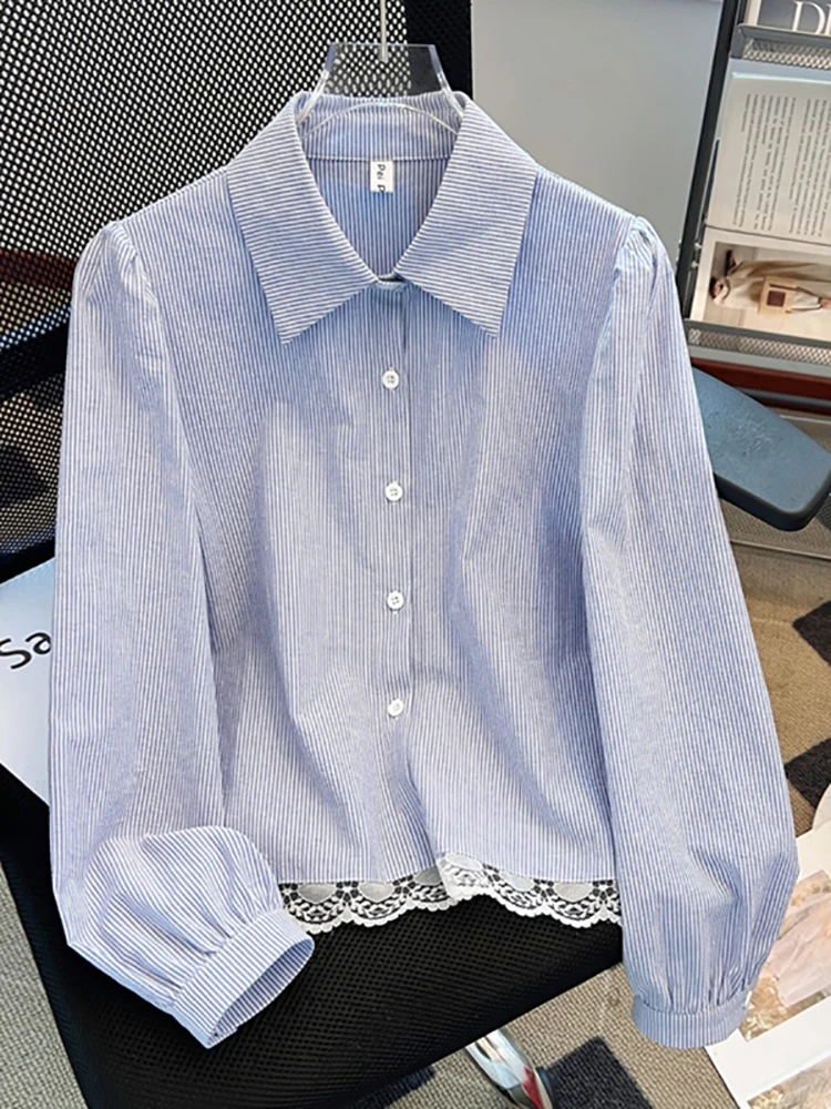 

Blue Stripe Lace irt Women's Spring New Sle 2025 Lantern Sve Brand Button up Faion Sensation Long Sve Collar