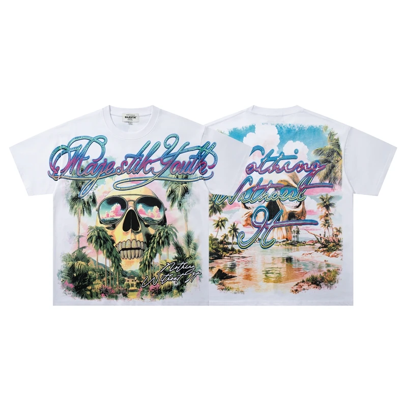 Übergroße Gewaschene Weiße T-Shirts für Herren Vintage Glänzender Diamant-Graffiti-Druck Relaxed Fit Hip Hop Urban Streetwear T-Shirt Top – Detail 2