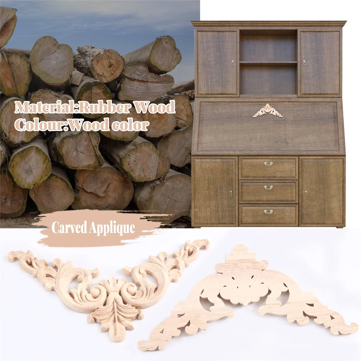Applique ad angolo intagliato in legno di gomma da 15*15cm squisita non verniciata