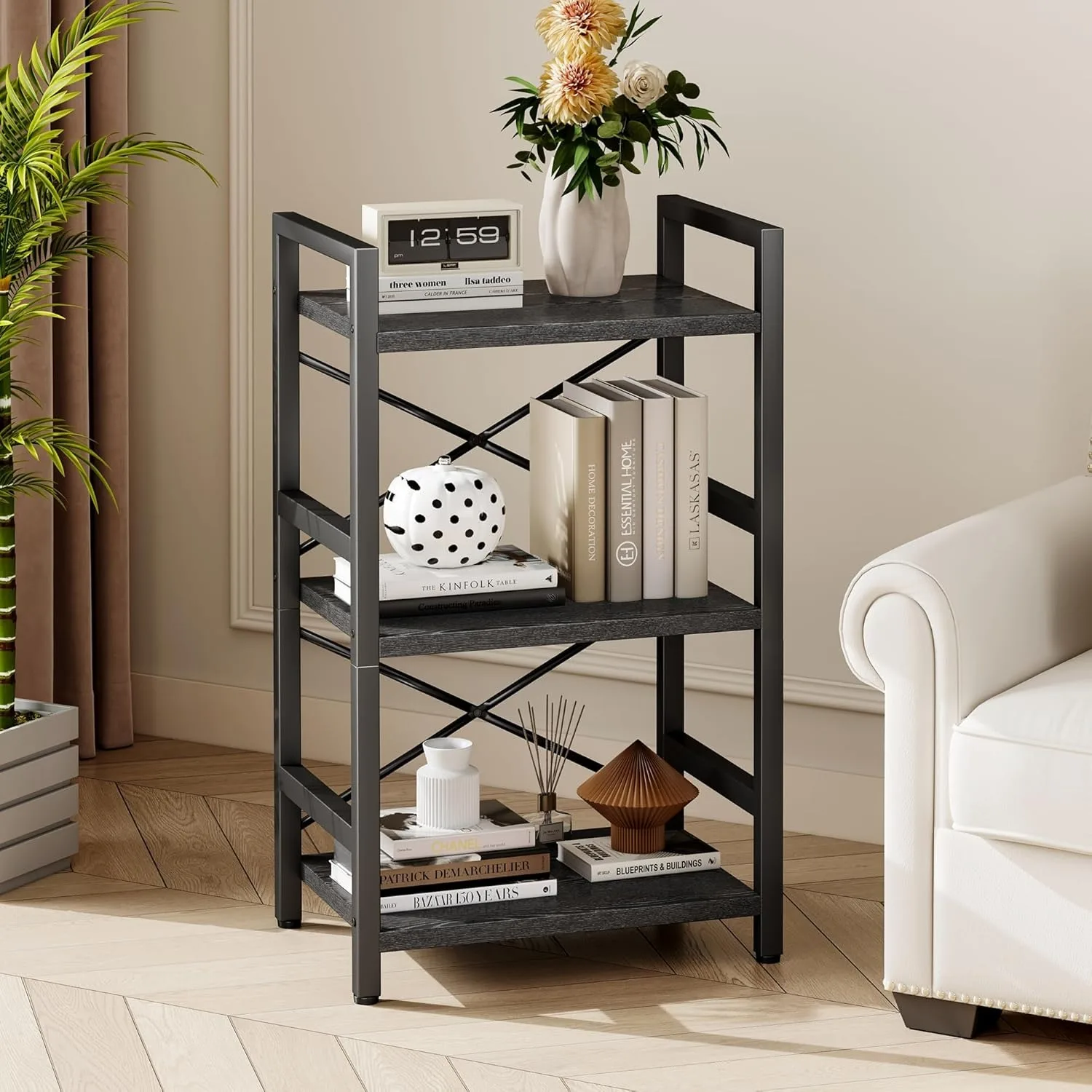 Bookshelf, 3 Tier Industrial Bookcase, Metal Small Bookcase, Rustic Etagere Book Shelf Storage Organizer for Living Room,Bedroom