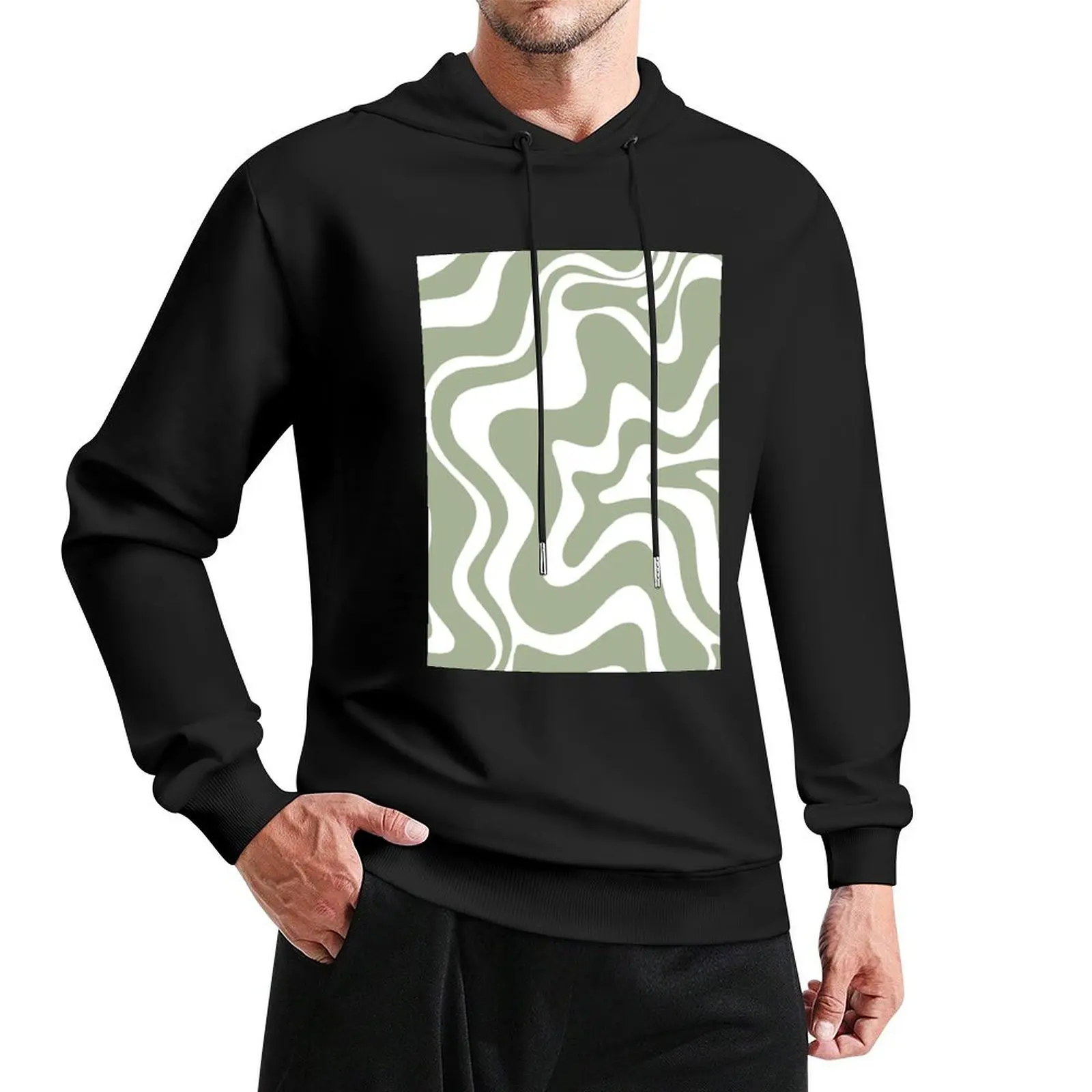 Liquid Swirl Contemporary Abstract Pattern in Sage Green and White Pullover Hoodie male clothes men clothes hoodie