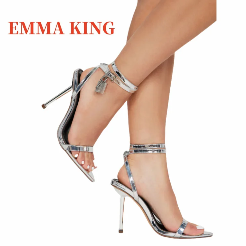 Lock Detail Pointed Toe Sandals Women Luxury Ankle Strap Metal High Heels Shoes Female Summer Shiny Leather Evening Sandals 44