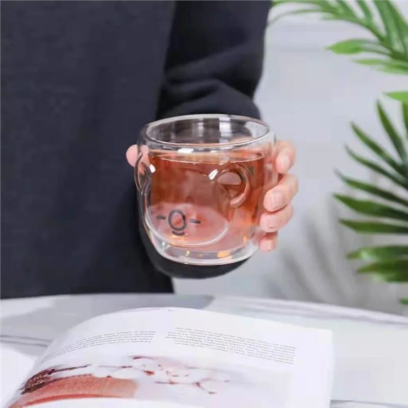 BT21 Creative Double-layer Glass Cup Kawaii Korea Anime Cartoon Coffee Cup Anti-scalding Party Teacup Mug Household Tableware