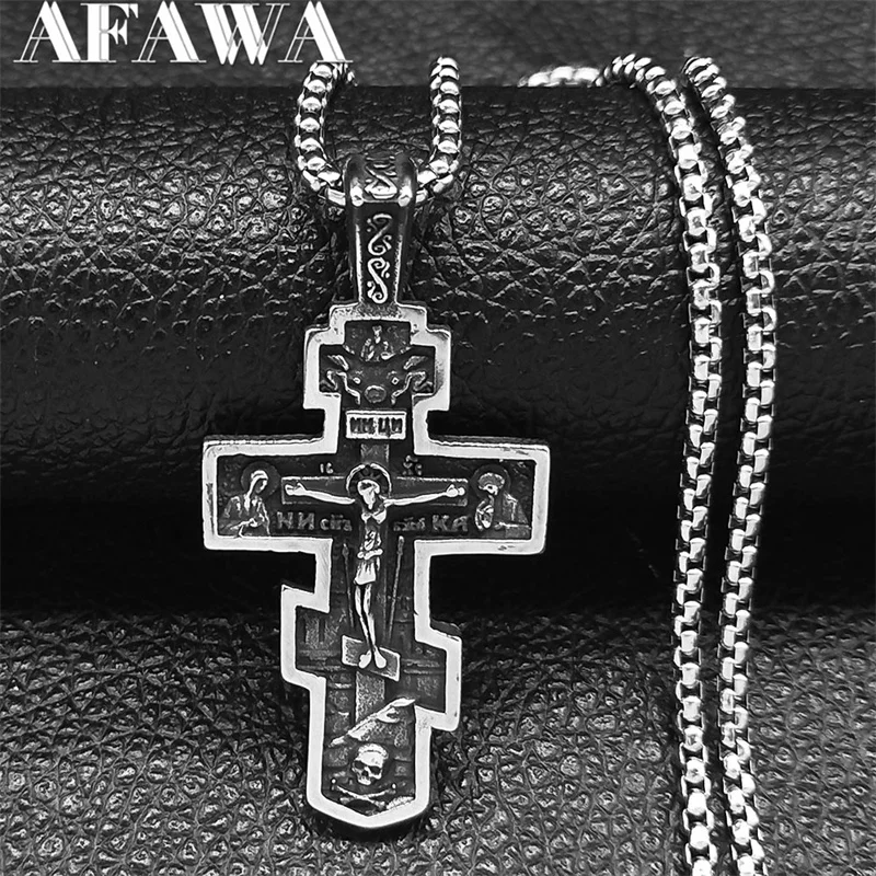 Orthodox Icon Cross Statue Crucifix Pendant Necklace Stainless Steel Grunge Male Chain Necklaces Jewelry collar hombre NZZ293S02