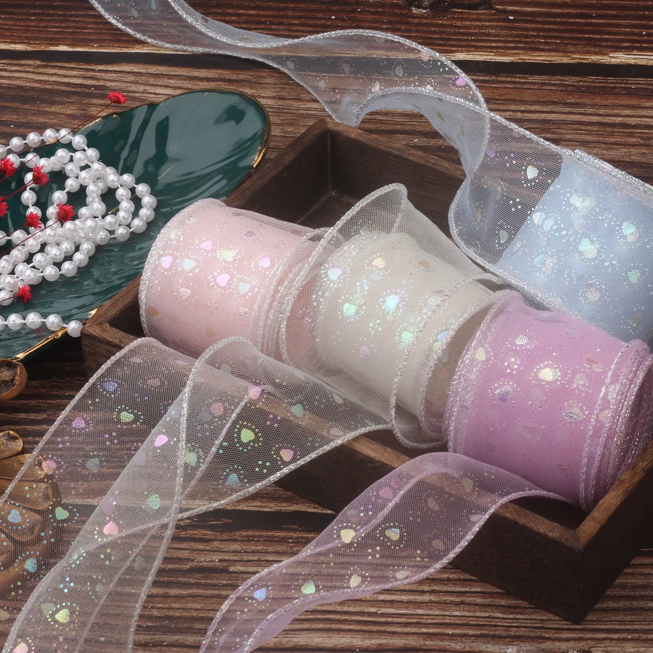 Organza Laser Heart Print Ribbon, Shinny Mermaid Mesh Lace Tulle, DIY Christmas Craft Supplies, Hair Bowknot, Gift Wrapping, 5cm