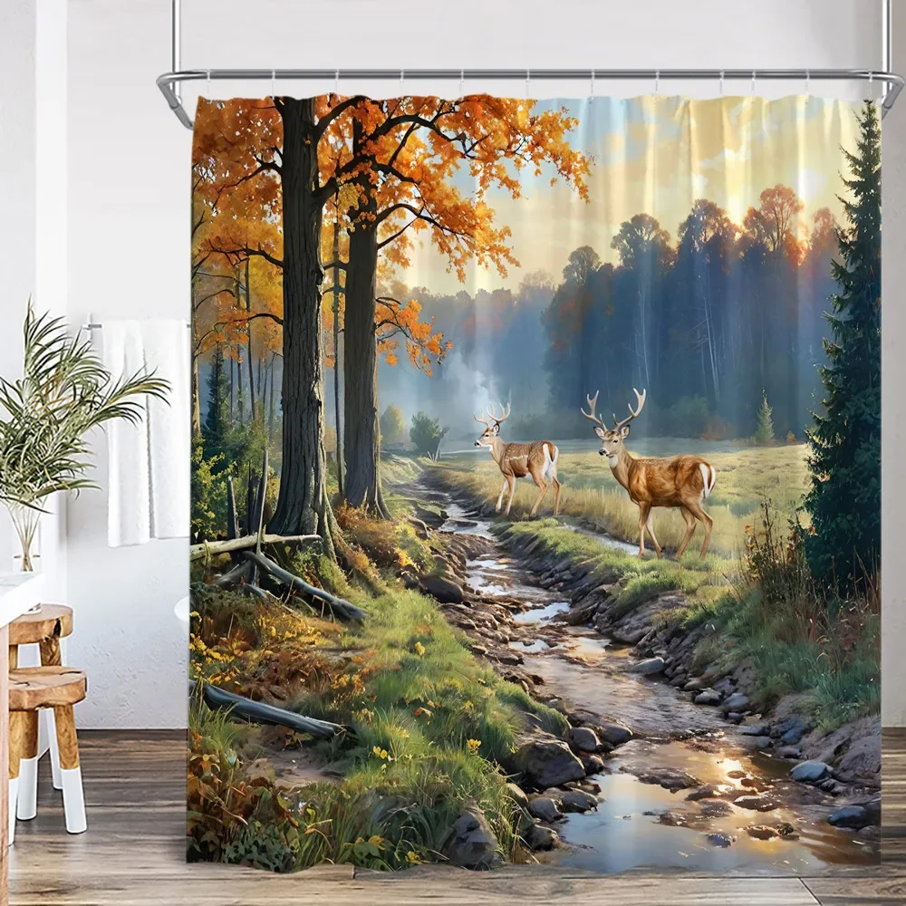 Deer Autumn Scenery Shower Curtain Maple Tree Cabin Stream Mountains Nature Landscape Polyester Bathtub Curtain Bath Decorations