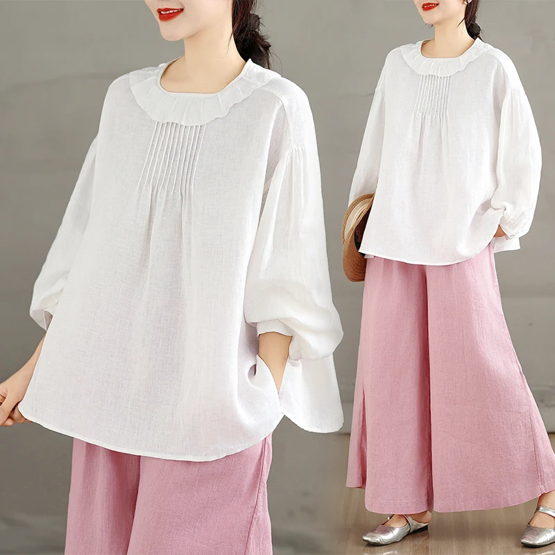 

Early Spring Cotton Linen Women's Shirt Leaf Collar Inner Wear Casual Style Layered Clothing Japanese Artistic Style Spring C...