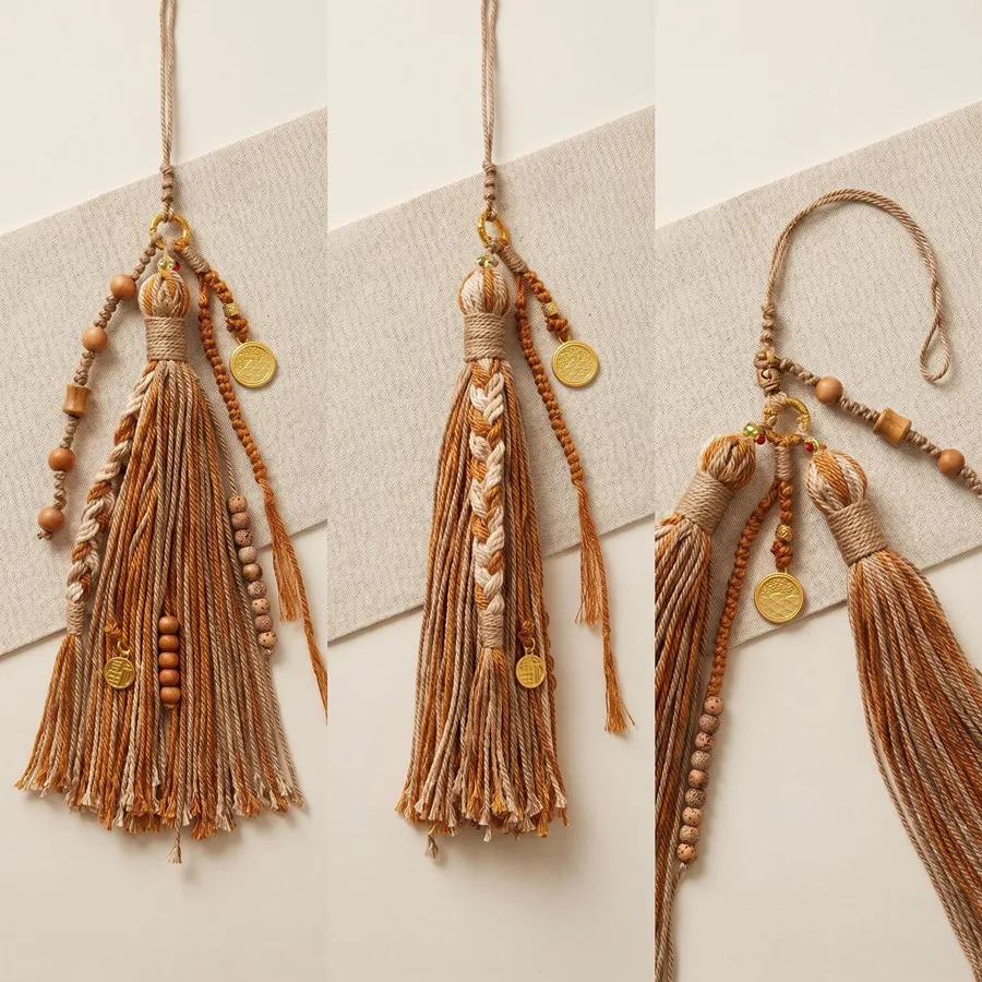 Tibetische Quaste mit Kupfermünzen und Perlen, Vajra-Stößel-Anhänger, gewebtes Lanyard, DIY-Schlüsselanhänger, Handyriemen, Taschen- und Auto-Hängeaccessoire – Detail 12