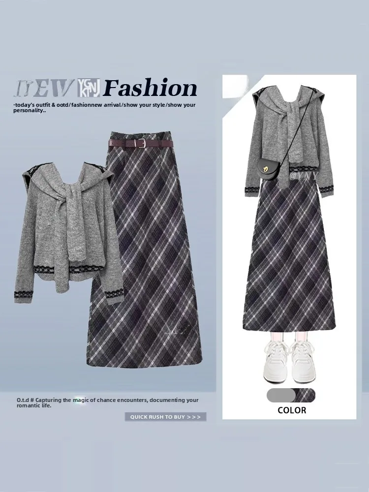 

Осень-зима модный универсальный женский ретро ленивый колледж Sle вязаный свитер шило клетчатая юбка комплект футболок