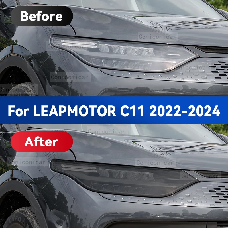 For LEAPMOTOR C11 2022-2024 Car Headlight Smoked Black TPU Protective Film Front Light Tint Change Color Sticker Accessories